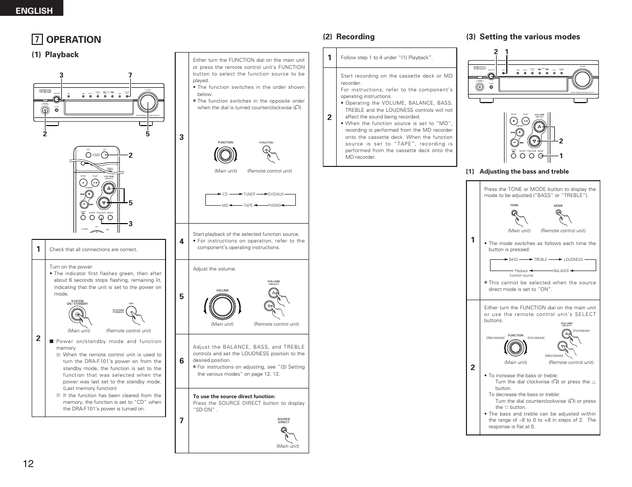 Operation, English, 1) playback | 3) setting the various modes, 2) recording 1 | Denon DRA-F101 User Manual | Page 12 / 37