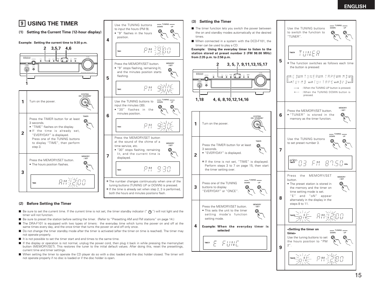 Using the timer, English | Denon DRA-F101 User Manual | Page 15 / 37