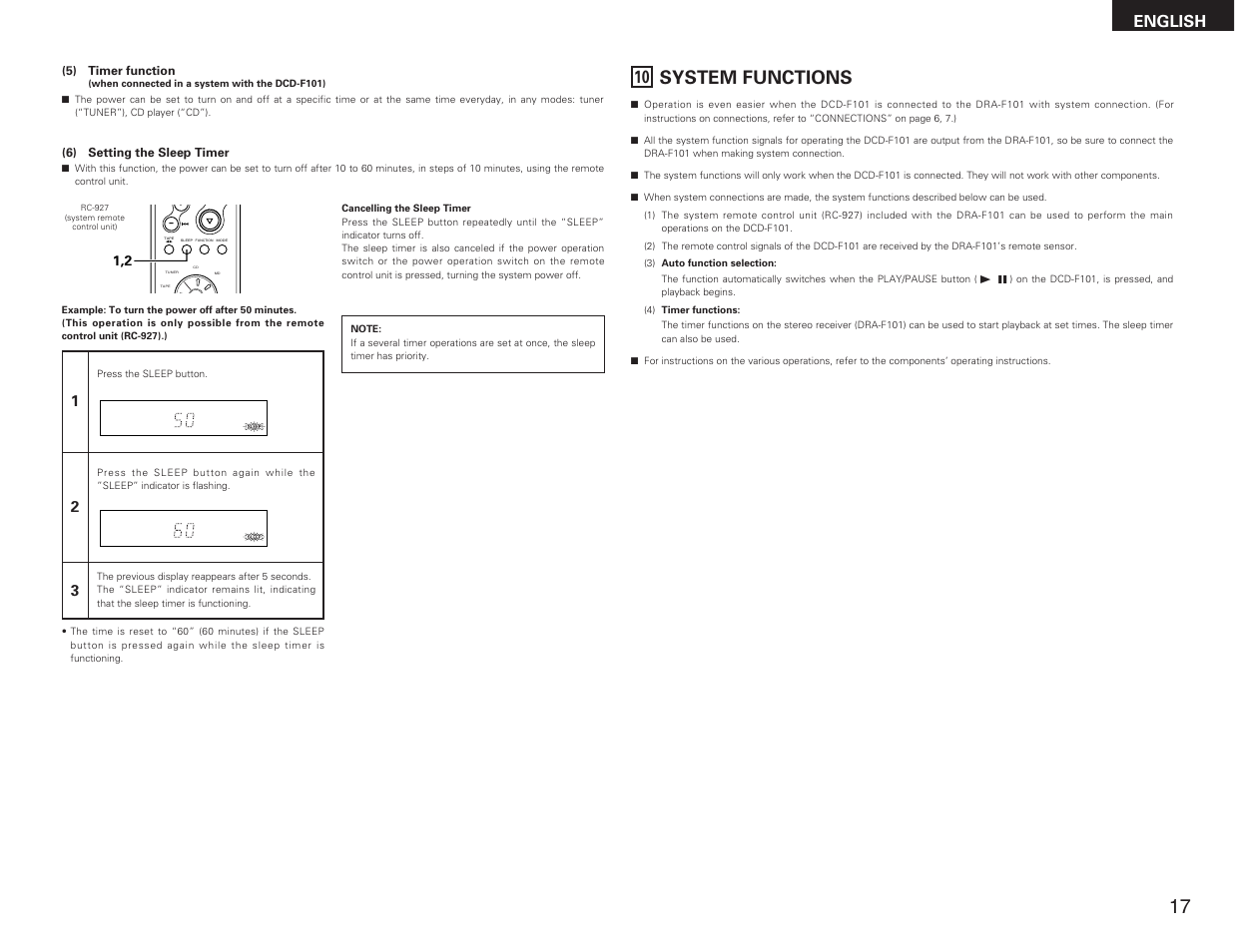 System functions, English | Denon DRA-F101 User Manual | Page 17 / 37