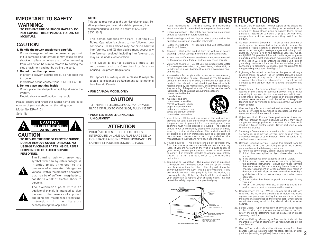 Safety instructions, Important to safety warning, Caution | Attention | Denon DRA-F101 User Manual | Page 2 / 37