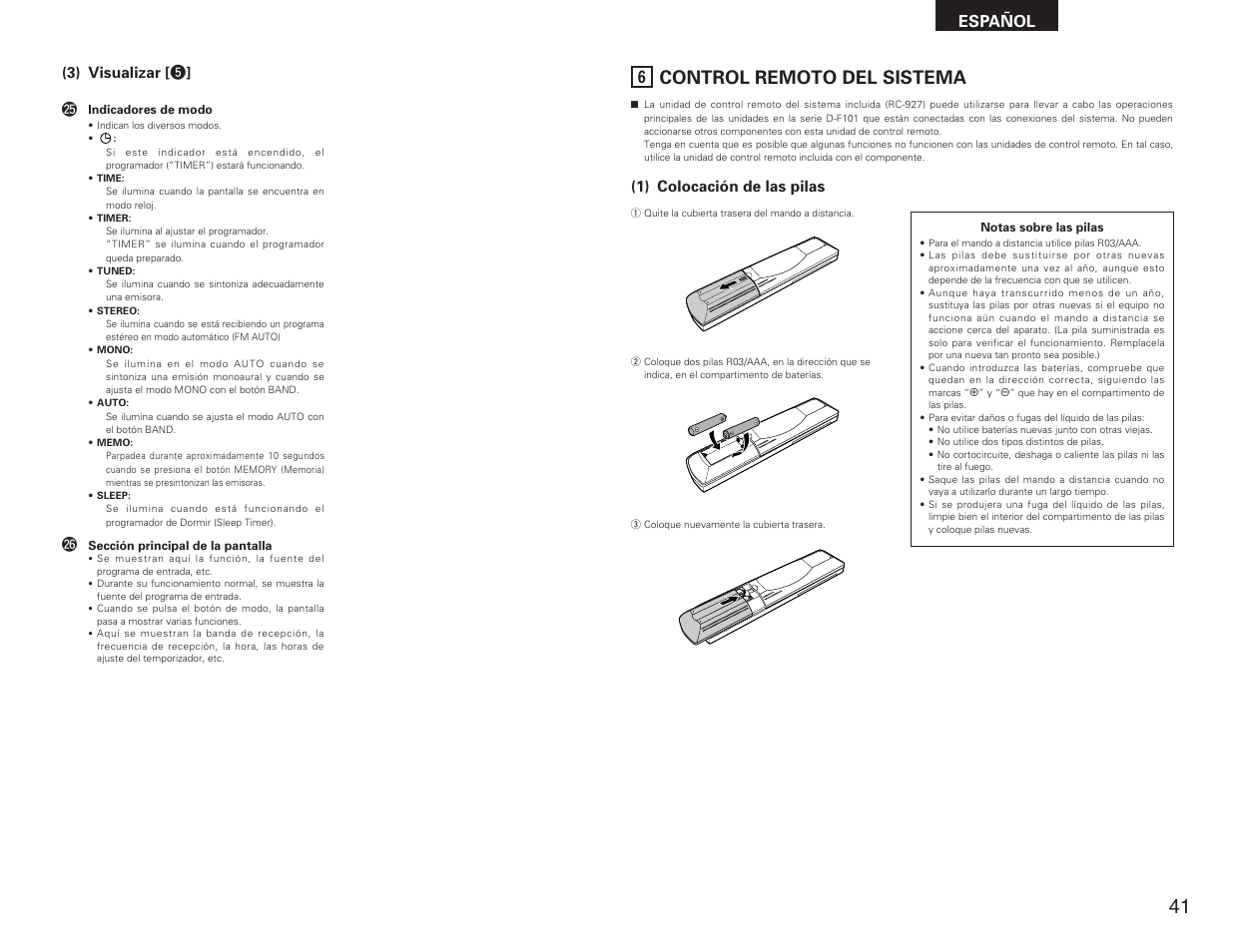 Control remoto del sistema, Español (3) visualizar [ t ] @5, 1) colocación de las pilas | Denon DRA-F101 User Manual | Page 25 / 37