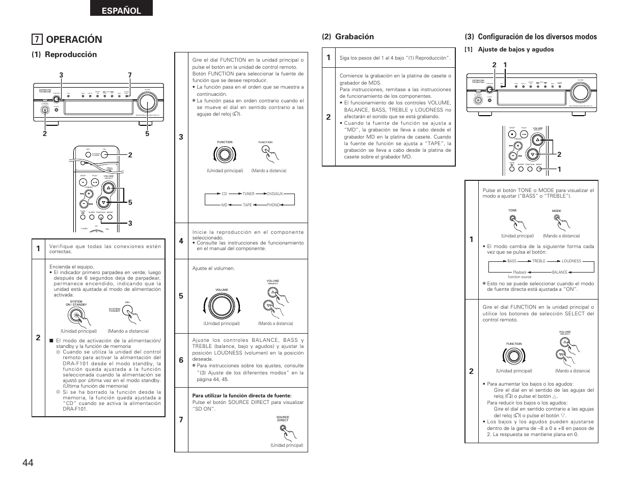 Operación, Español, 1) reproducción | 3) configuración de los diversos modos, 2) grabación 1 | Denon DRA-F101 User Manual | Page 28 / 37