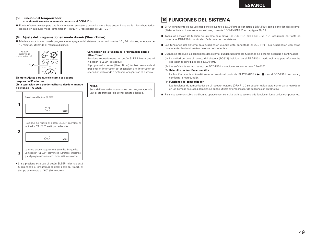 Funciones del sistema, Español | Denon DRA-F101 User Manual | Page 33 / 37