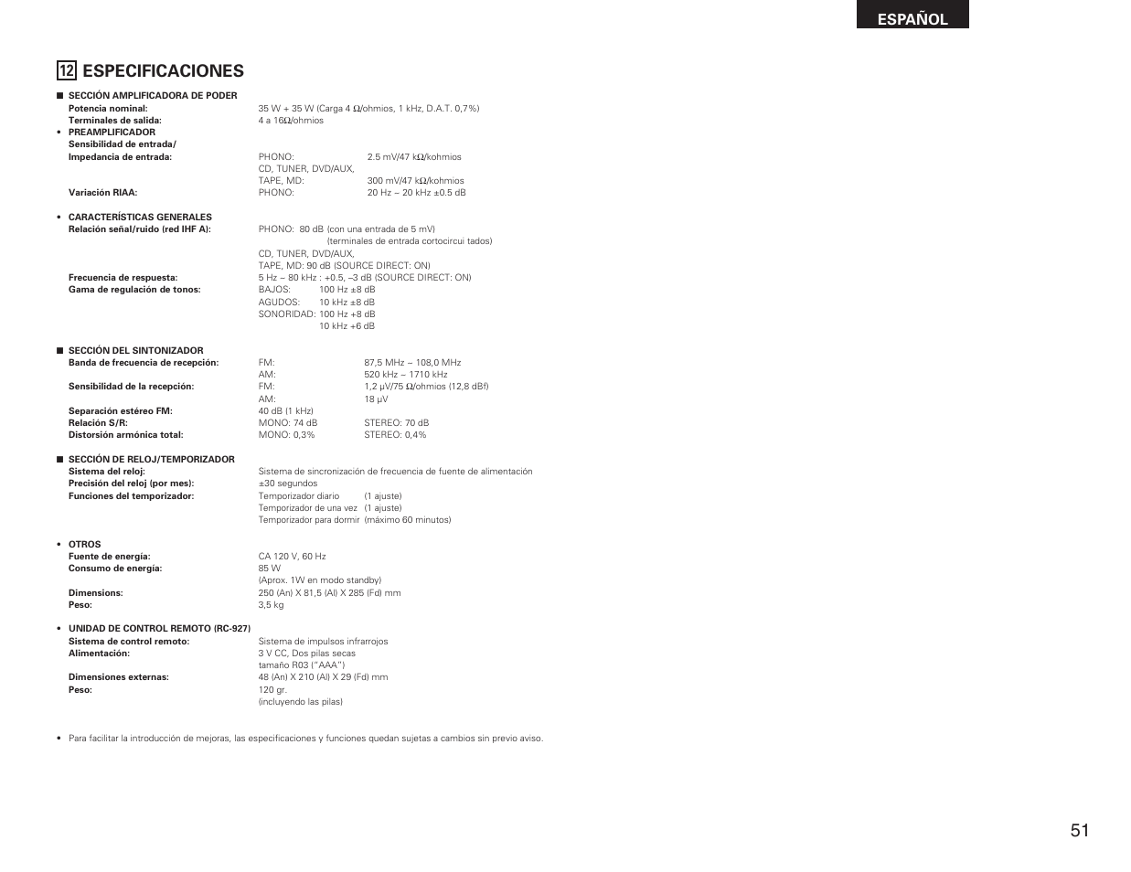 Especificaciones, Español | Denon DRA-F101 User Manual | Page 35 / 37