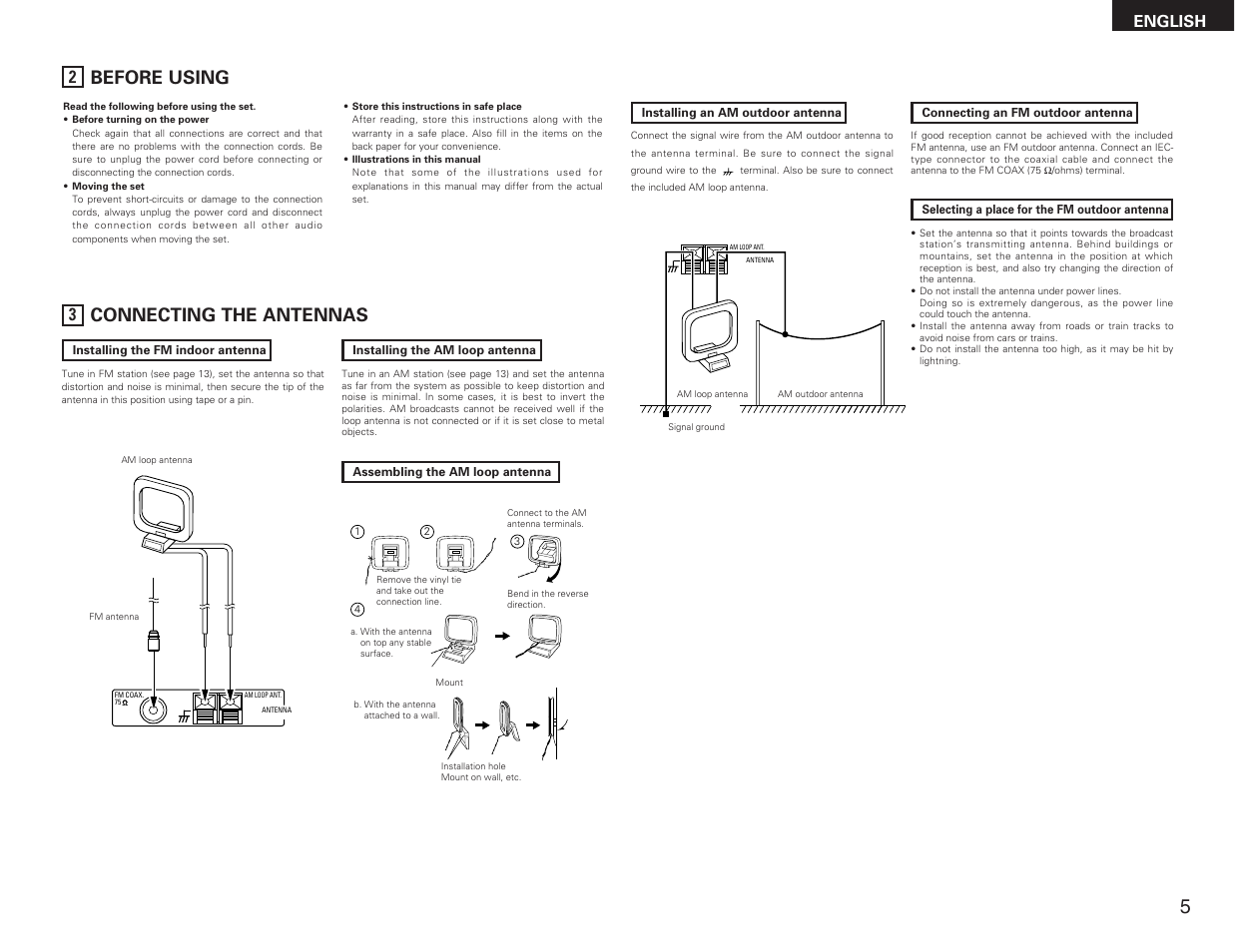 Connecting the antennas, Before using, English | Denon DRA-F101 User Manual | Page 5 / 37