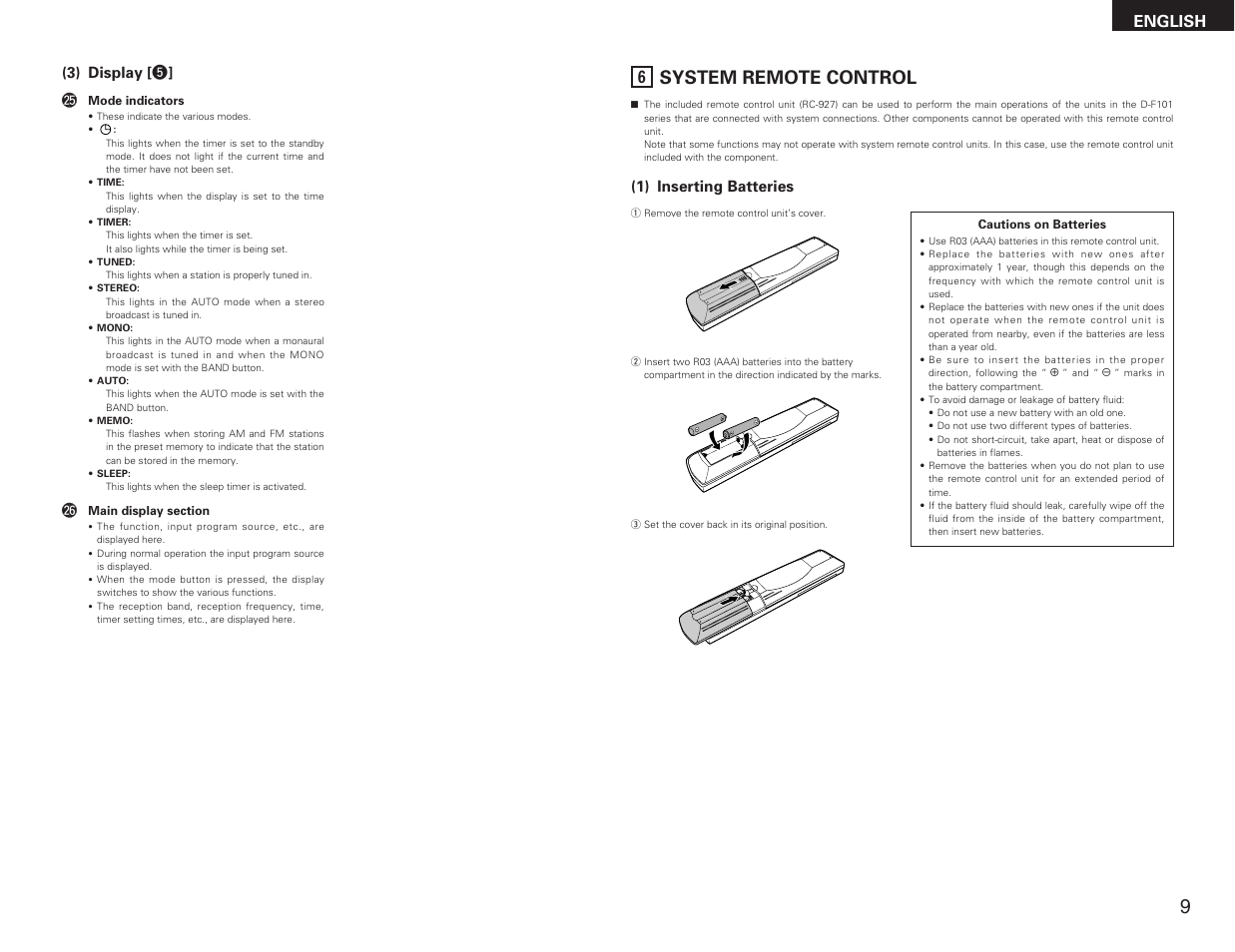 System remote control, English (3) display [ t ] @5, 1) inserting batteries | Denon DRA-F101 User Manual | Page 9 / 37