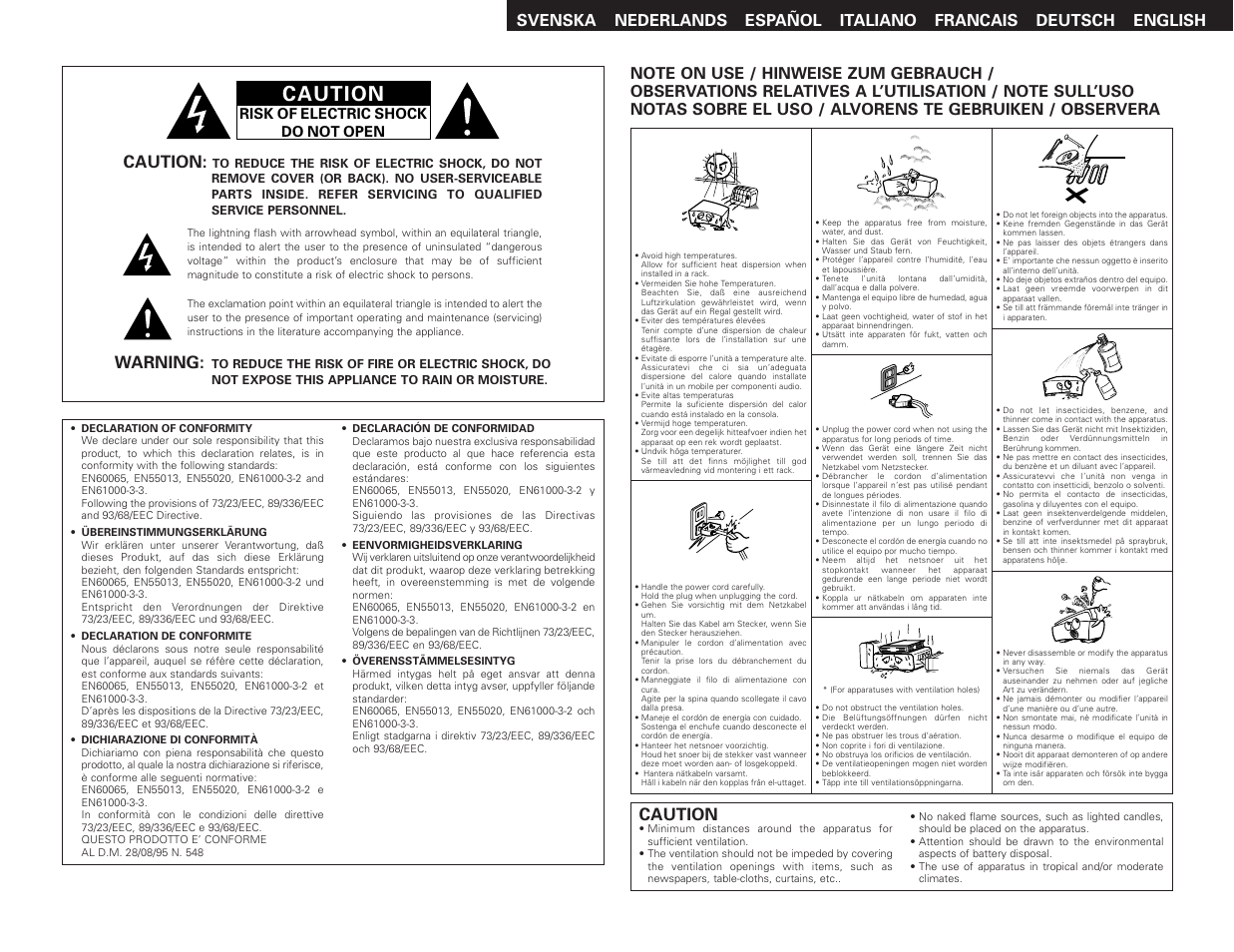 Caution, Warning, Risk of electric shock do not open | Denon AVR-2106 User Manual | Page 2 / 57