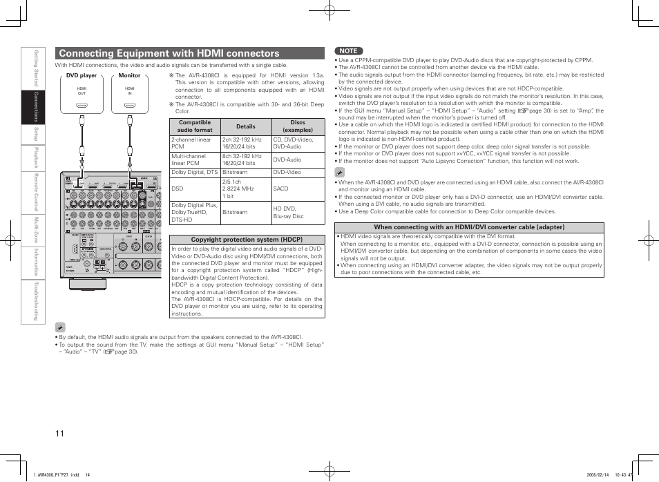 Connecting equipment with hdmi connectors | Denon AVR-4308CI User Manual | Page 14 / 110