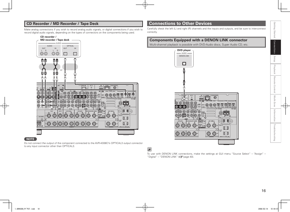 Connections to other devices, Cd recorder / md recorder / tape deck, Components equipped with a denon link connector | Denon AVR-4308CI User Manual | Page 19 / 110