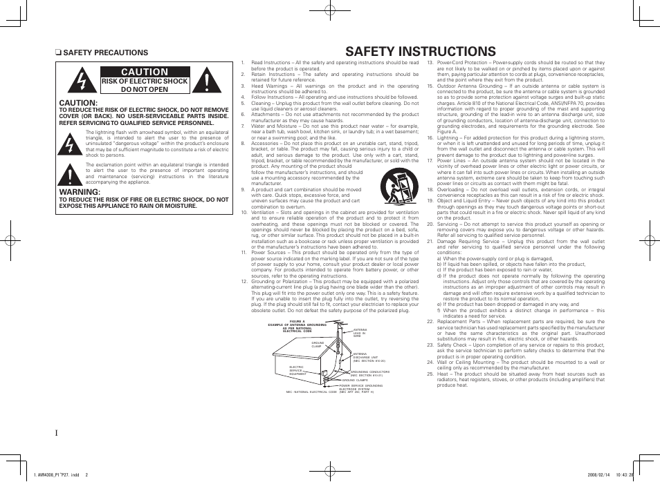 Safety instructions, Caution, Warning | Denon AVR-4308CI User Manual | Page 2 / 110