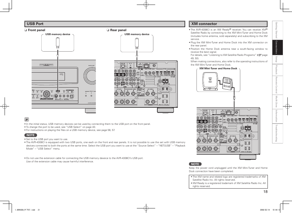 Xm connector, Usb port | Denon AVR-4308CI User Manual | Page 21 / 110