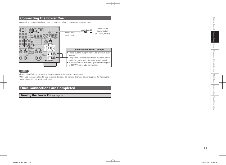 Connecting the power cord, Once connections are completed, Turning the power on | Denon AVR-4308CI User Manual | Page 25 / 110