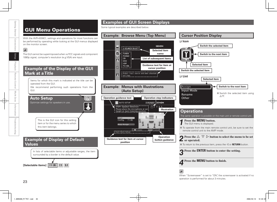Gui menu operations, Auto setup, Example of the display of the gui mark at a title | Examples of gui screen displays, Operations, Example of display of default values | Denon AVR-4308CI User Manual | Page 26 / 110