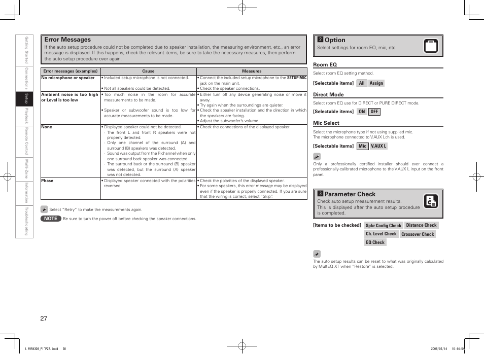 Error messages, Soption, Dparameter check | Denon AVR-4308CI User Manual | Page 30 / 110