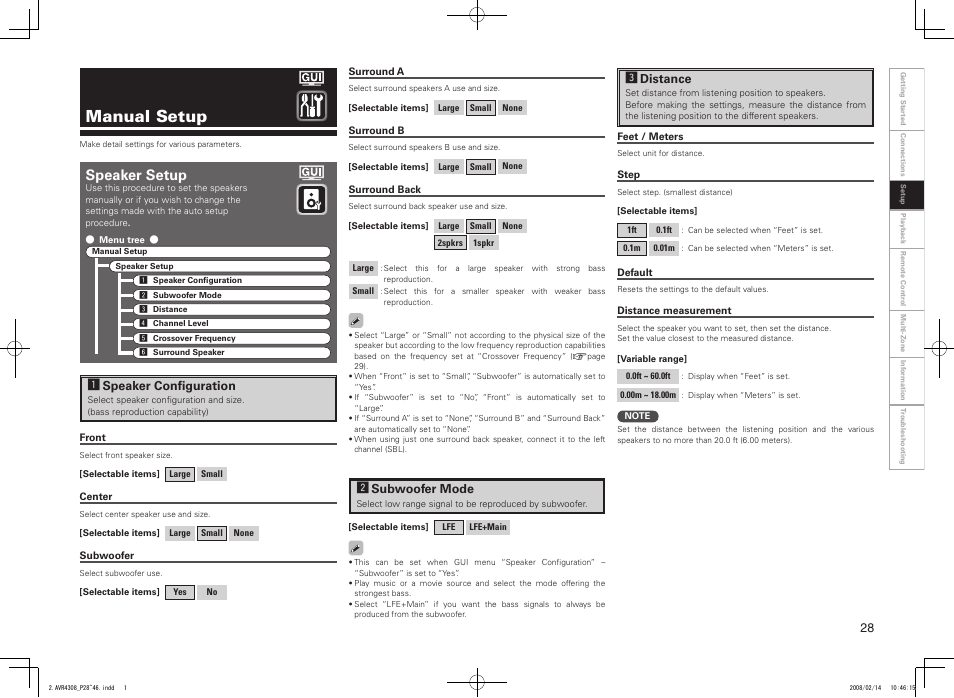 Manual setup, Speaker setup | Denon AVR-4308CI User Manual | Page 31 / 110