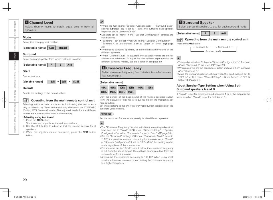 Fchannel level, Gcrossover frequency, Hsurround speaker | Denon AVR-4308CI User Manual | Page 32 / 110
