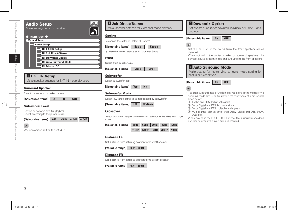 Audio setup | Denon AVR-4308CI User Manual | Page 34 / 110