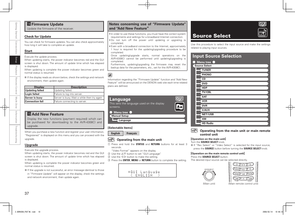 Source select, Language, Input source selection | Denon AVR-4308CI User Manual | Page 40 / 110