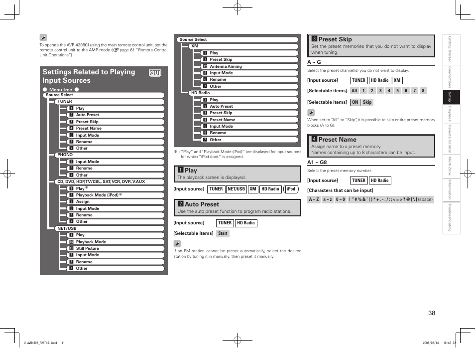 Settings related to playing input sources, Aplay, Sauto preset | Dpreset skip, Fpreset name | Denon AVR-4308CI User Manual | Page 41 / 110