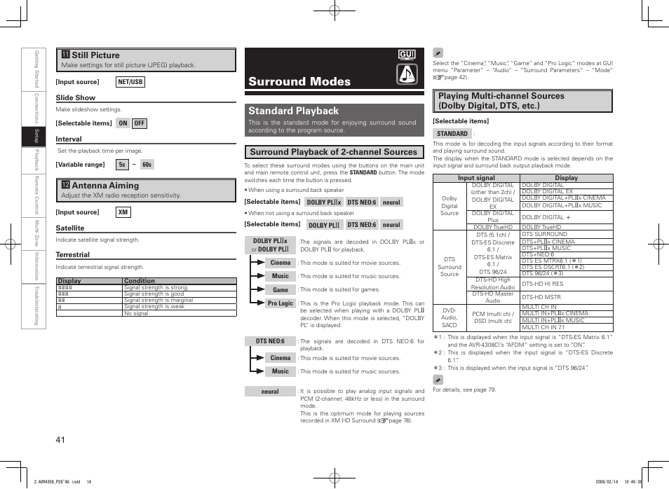 Surround modes, Standard playback, Surround playback of 2-channel sources | A1 still picture, A2 antenna aiming | Denon AVR-4308CI User Manual | Page 44 / 110