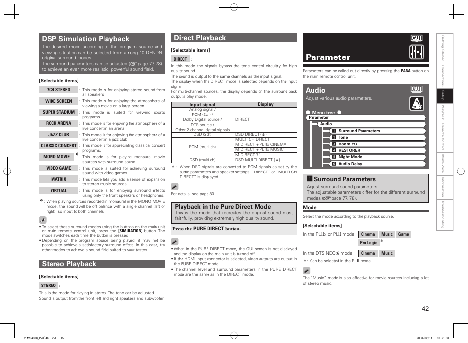 Parameter, Audio, Direct playback | Dsp simulation playback, Stereo playback | Denon AVR-4308CI User Manual | Page 45 / 110