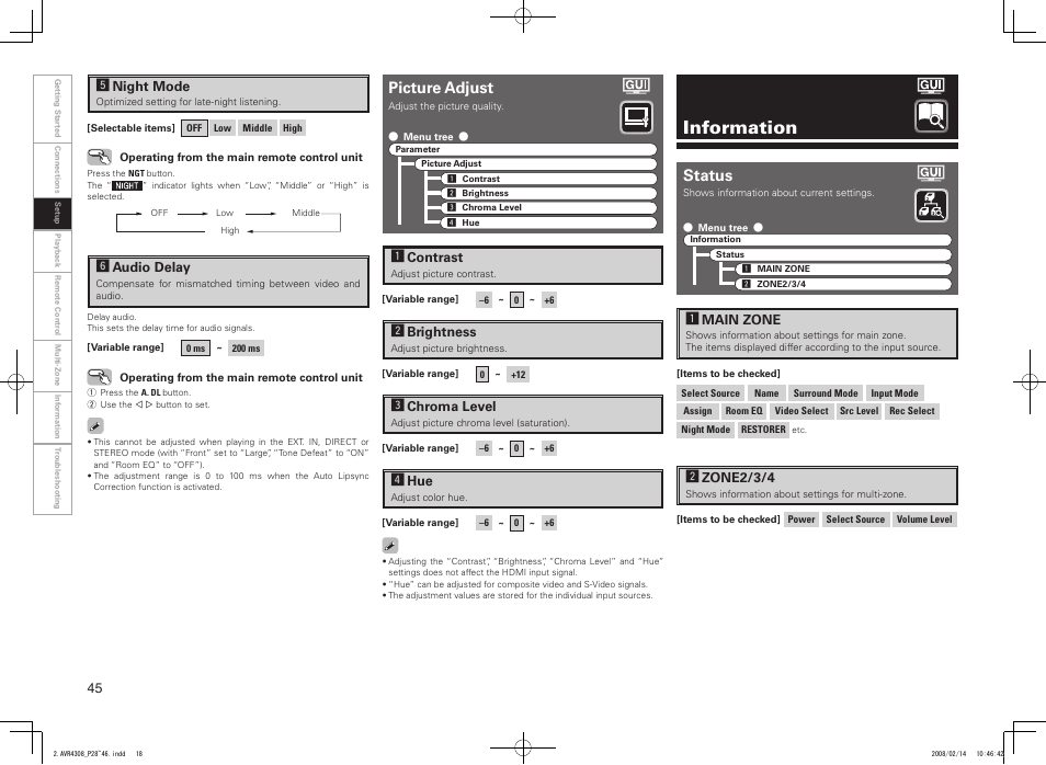 Information, Picture adjust, Status | Denon AVR-4308CI User Manual | Page 48 / 110