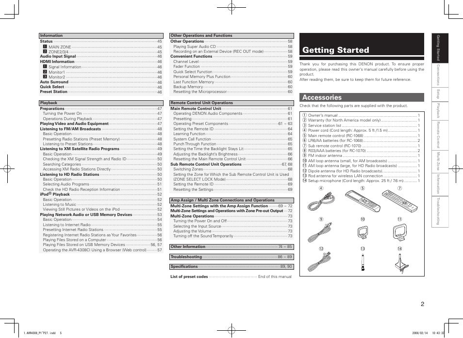 Getting started, Accessories | Denon AVR-4308CI User Manual | Page 5 / 110