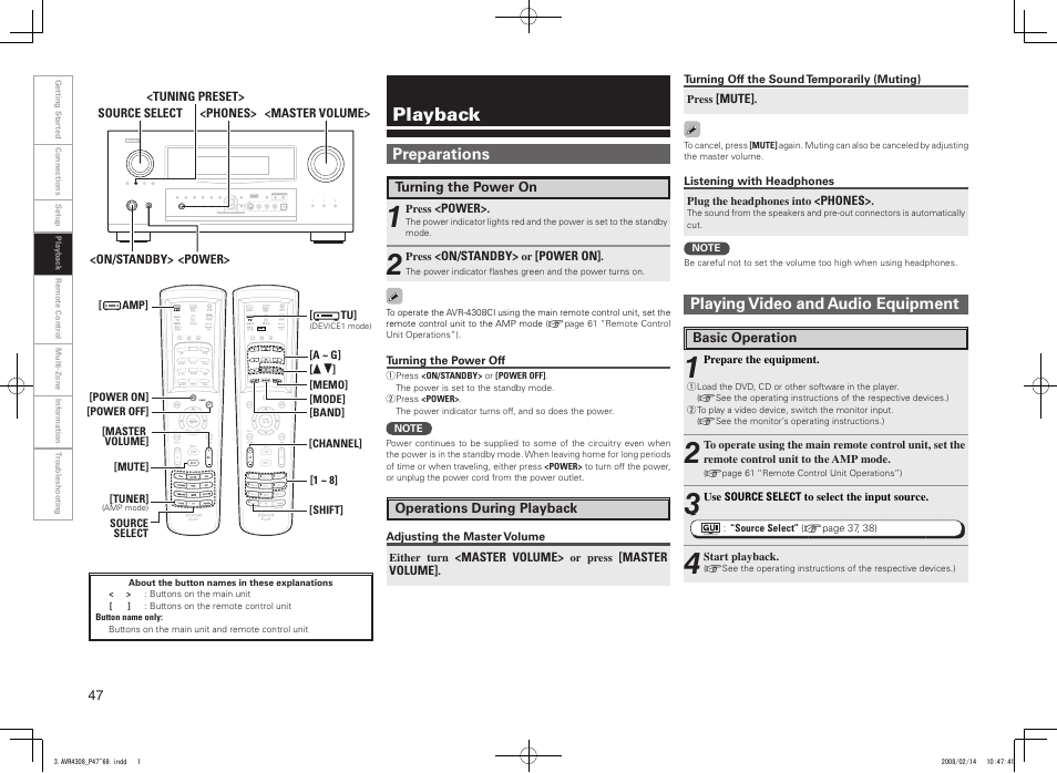 Playback, Playing video and audio equipment, Preparations | Denon AVR-4308CI User Manual | Page 50 / 110