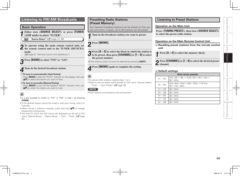 Listening to fm/am broadcasts | Denon AVR-4308CI User Manual | Page 51 / 110