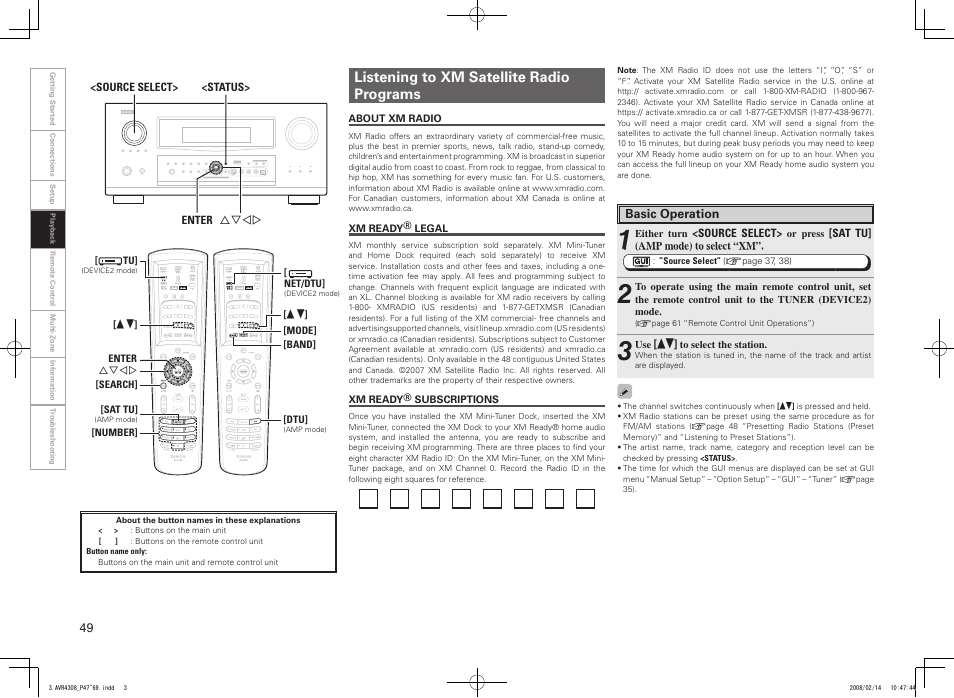 Listening to xm satellite radio programs | Denon AVR-4308CI User Manual | Page 52 / 110