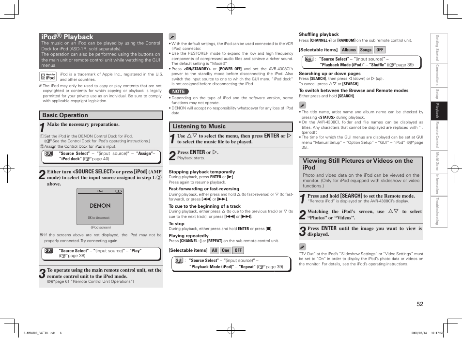 Ipod® playback | Denon AVR-4308CI User Manual | Page 55 / 110