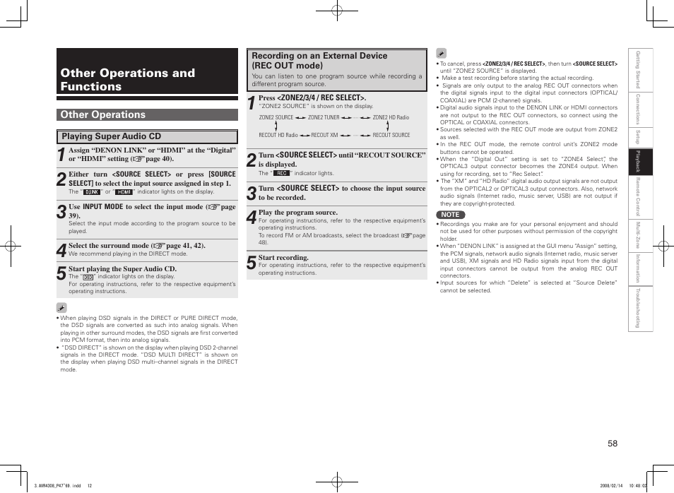Other operations and functions, Other operations | Denon AVR-4308CI User Manual | Page 61 / 110