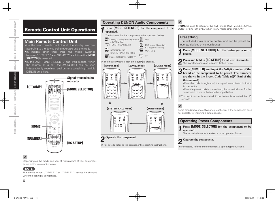 Remote control unit operations, Main remote control unit | Denon AVR-4308CI User Manual | Page 64 / 110