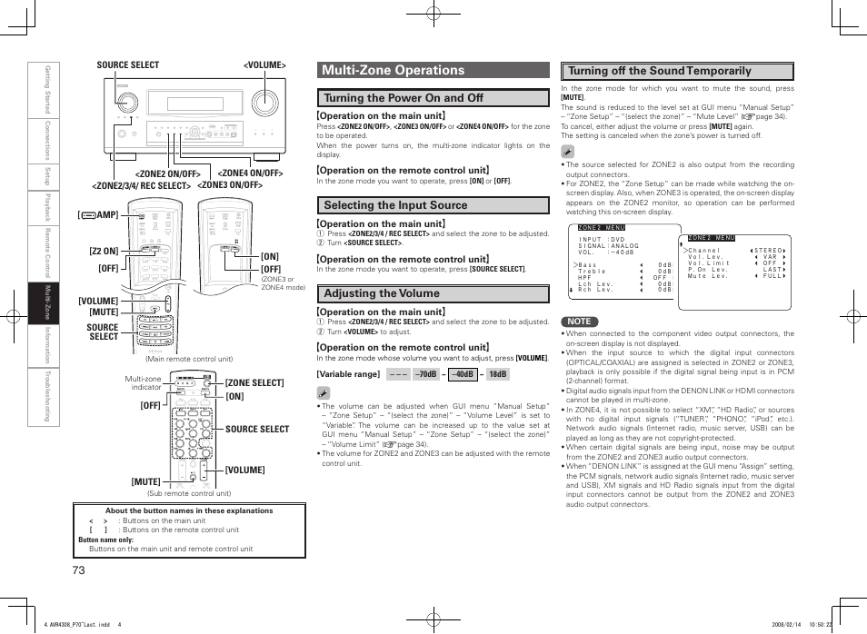 Multi-zone operations, Turning the power on and off, Selecting the input source | Adjusting the volume, Turning off the sound temporarily | Denon AVR-4308CI User Manual | Page 76 / 110