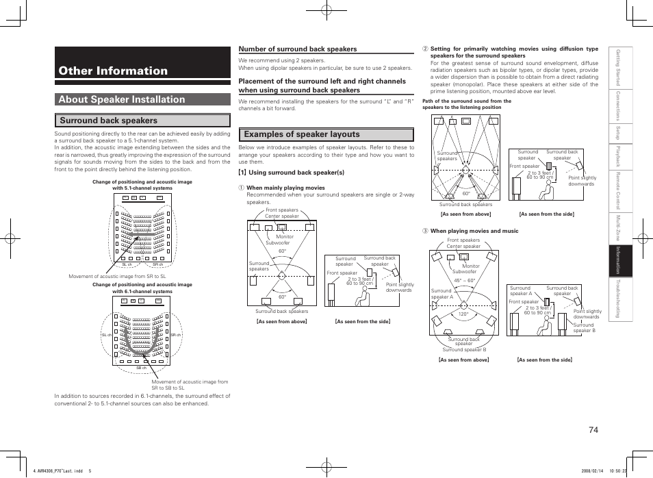 Other information, About speaker installation, Surround back speakers | Examples of speaker layouts | Denon AVR-4308CI User Manual | Page 77 / 110