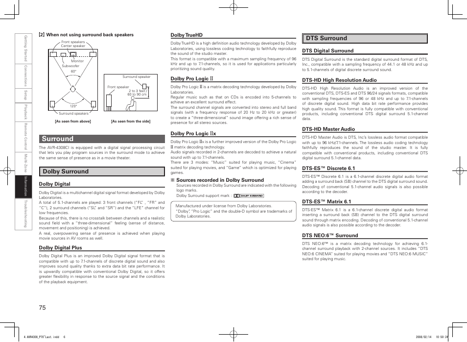 Surround, Dolby surround, Dts surround | Denon AVR-4308CI User Manual | Page 78 / 110