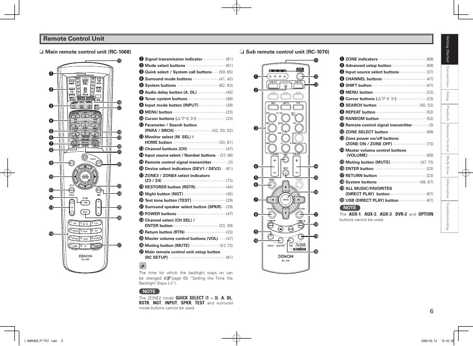 Remote control unit | Denon AVR-4308CI User Manual | Page 9 / 110
