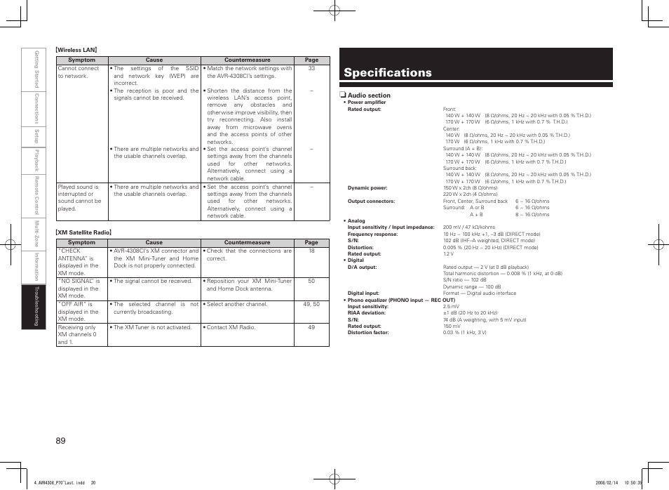 Specifications | Denon AVR-4308CI User Manual | Page 92 / 110