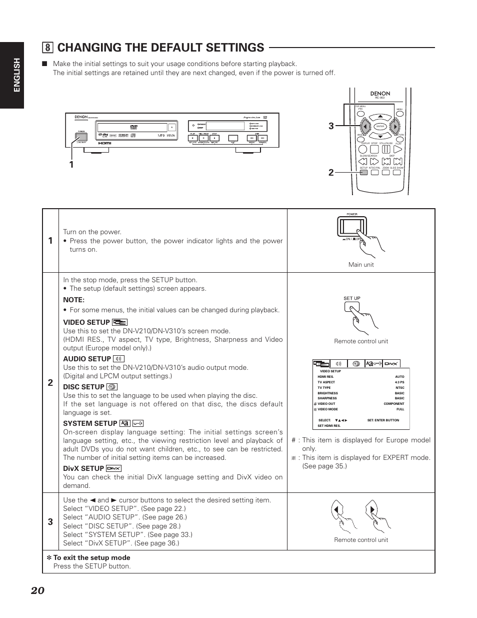 Changing the default settings, English | Denon DN-V310 User Manual | Page 27 / 83