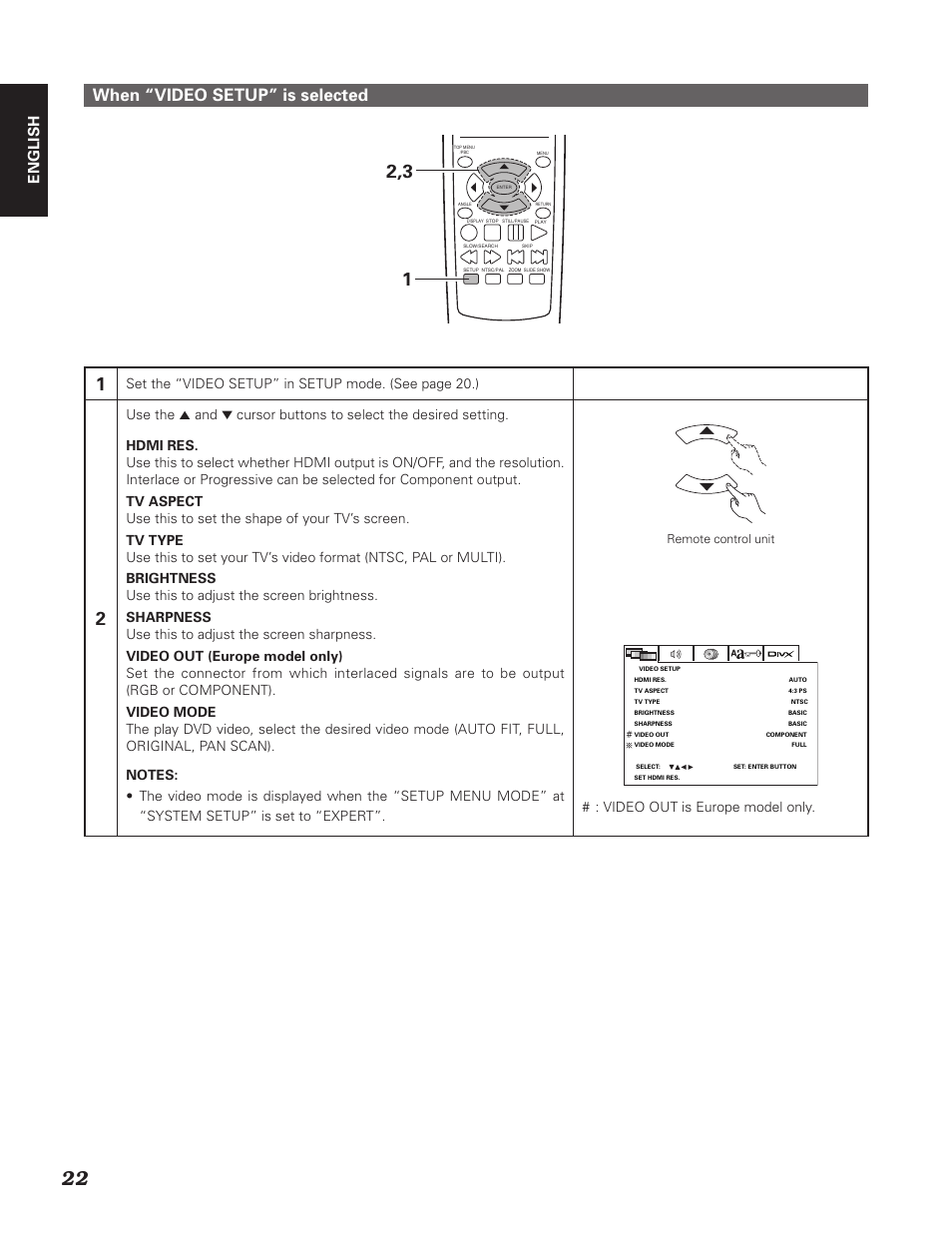 When “video setup” is selected, English, Video out is europe model only | Denon DN-V310 User Manual | Page 29 / 83