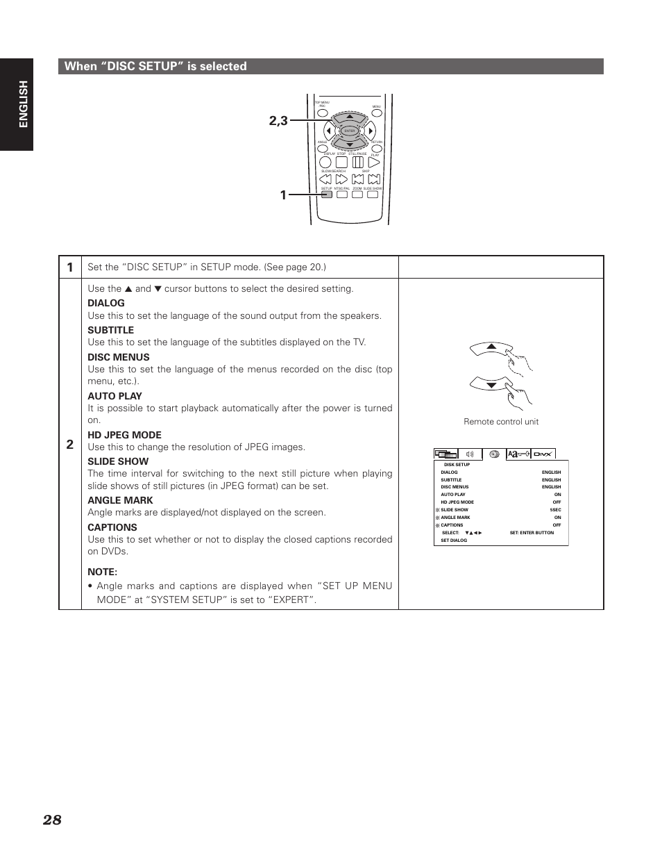 When “disc setup” is selected, English, Set the “disc setup” in setup mode. (see page 20.) | Denon DN-V310 User Manual | Page 35 / 83