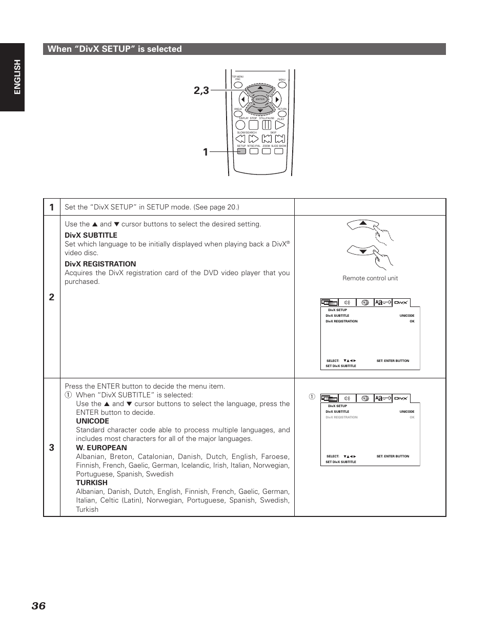 When “divx setup” is selected, English, Set the “divx setup” in setup mode. (see page 20.) | Denon DN-V310 User Manual | Page 43 / 83