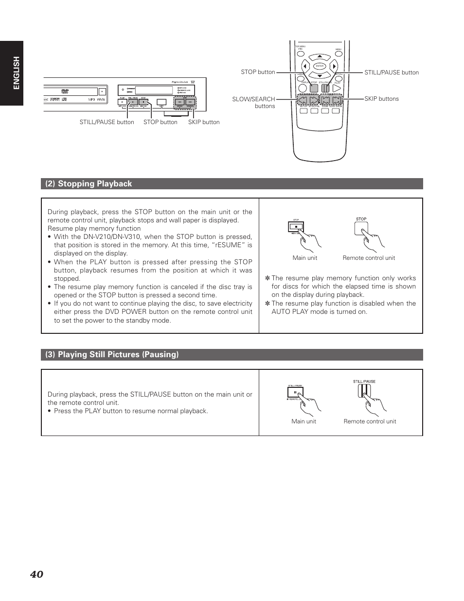 2) stopping playback, 3) playing still pictures (pausing), English | Denon DN-V310 User Manual | Page 47 / 83