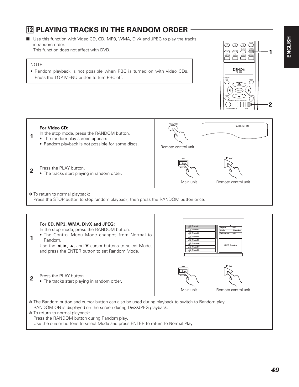 2 ⁄2 playing tracks in the random order, English | Denon DN-V310 User Manual | Page 56 / 83