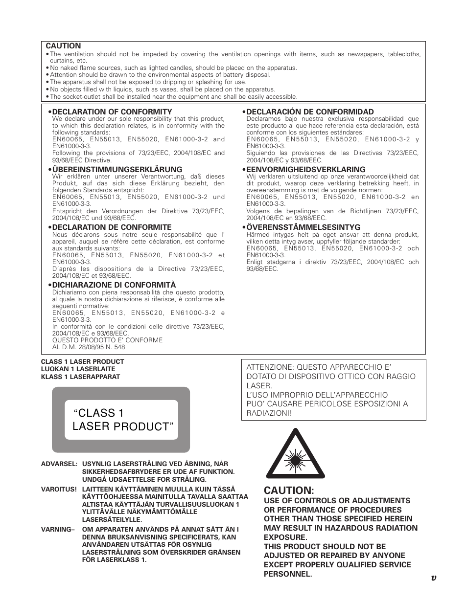 Class 1 laser product, Caution | Denon DN-V310 User Manual | Page 6 / 83