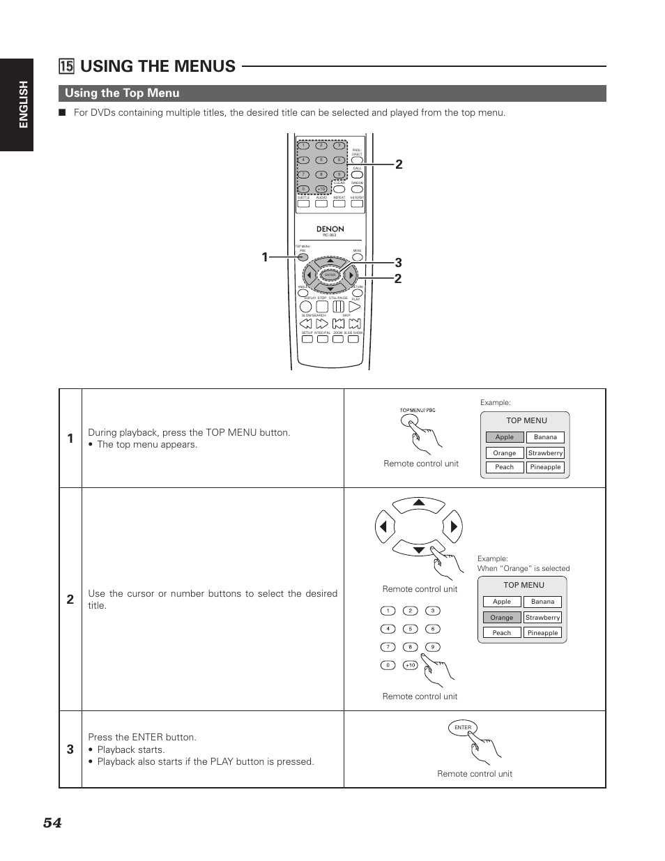 5 ⁄5 using the menus, Using the top menu, English | Denon DN-V310 User Manual | Page 61 / 83