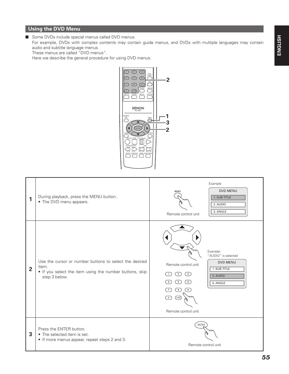 Using the dvd menu, English | Denon DN-V310 User Manual | Page 62 / 83