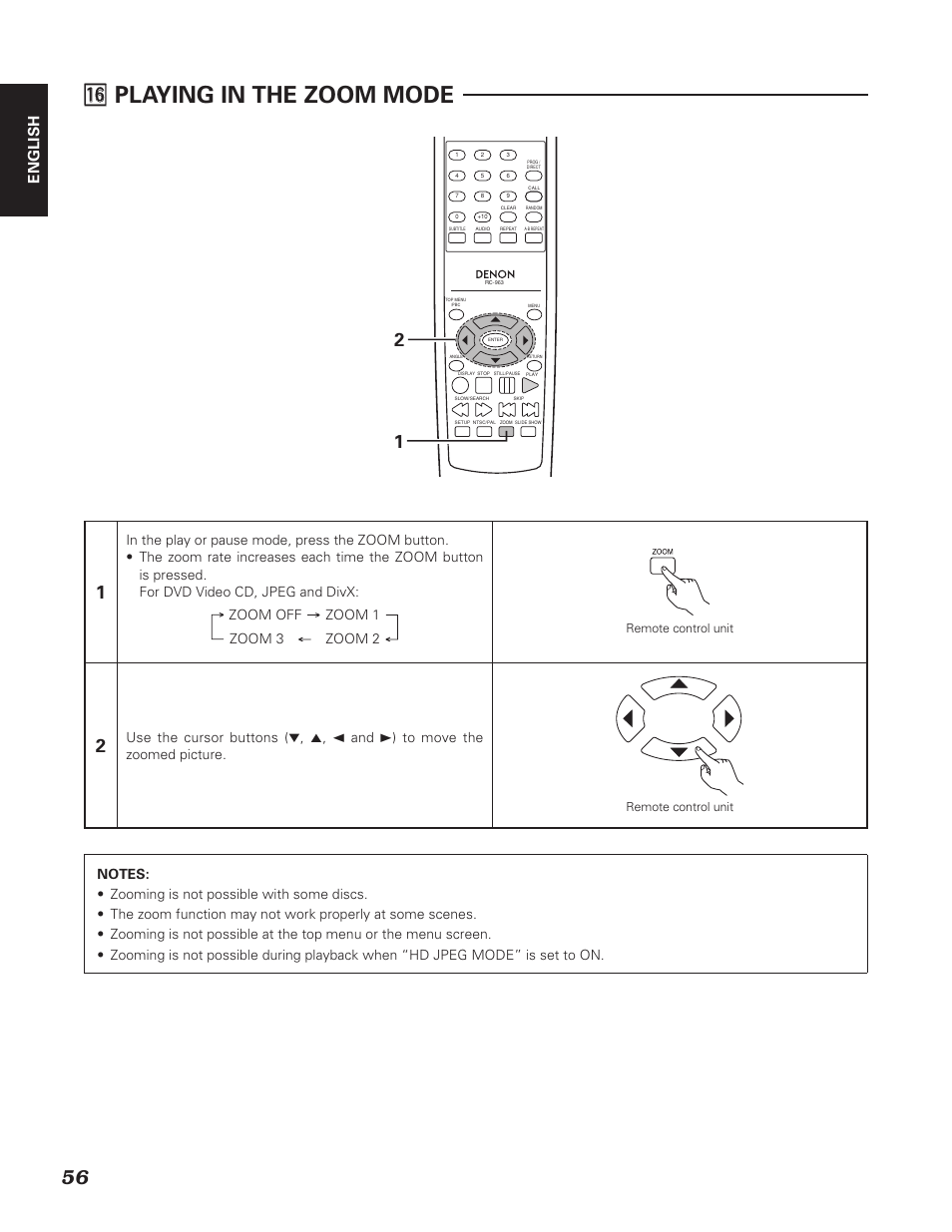 6 ⁄6 playing in the zoom mode, English | Denon DN-V310 User Manual | Page 63 / 83