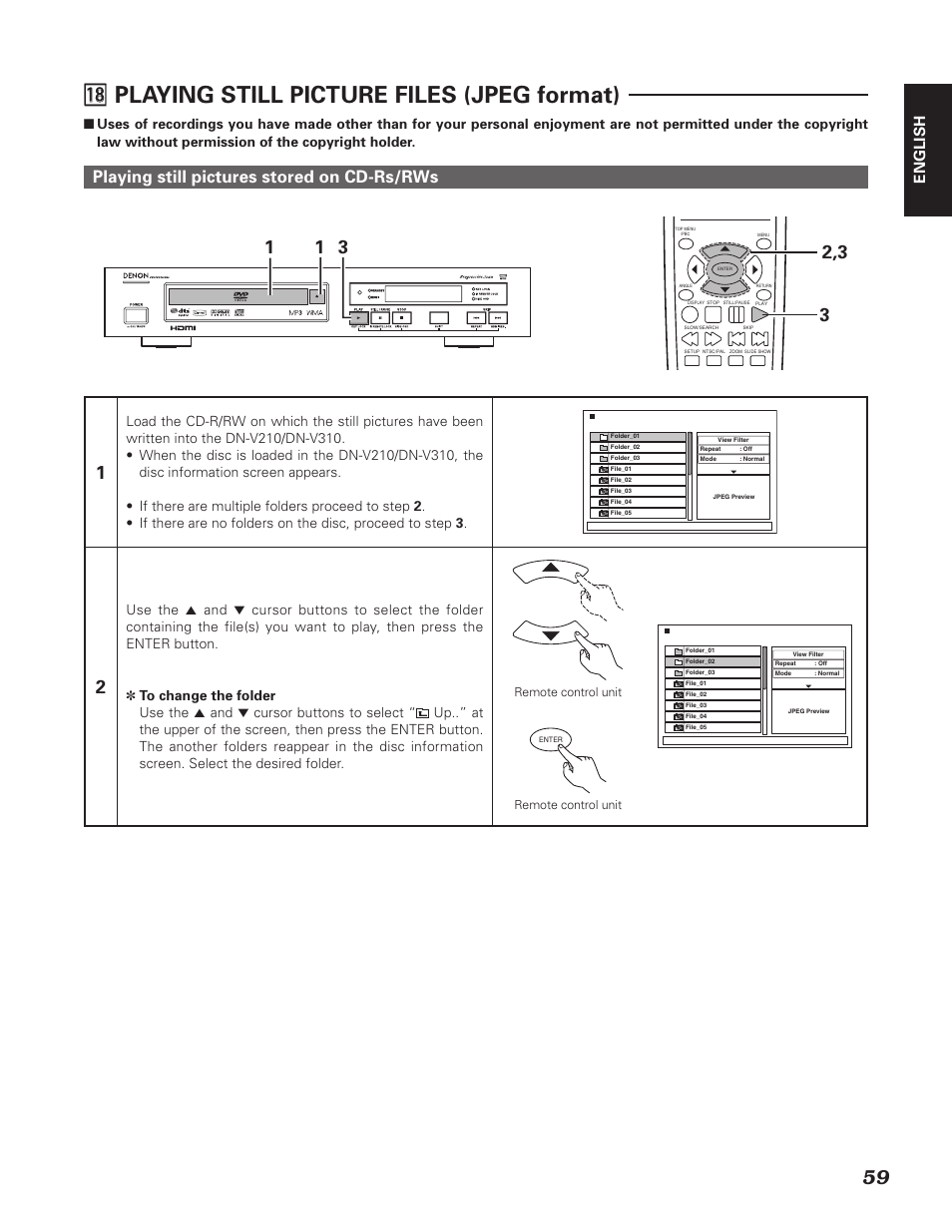 8 ⁄8 playing still picture files (jpeg format), Playing still pictures stored on cd-rs/rws, English | Denon DN-V310 User Manual | Page 66 / 83