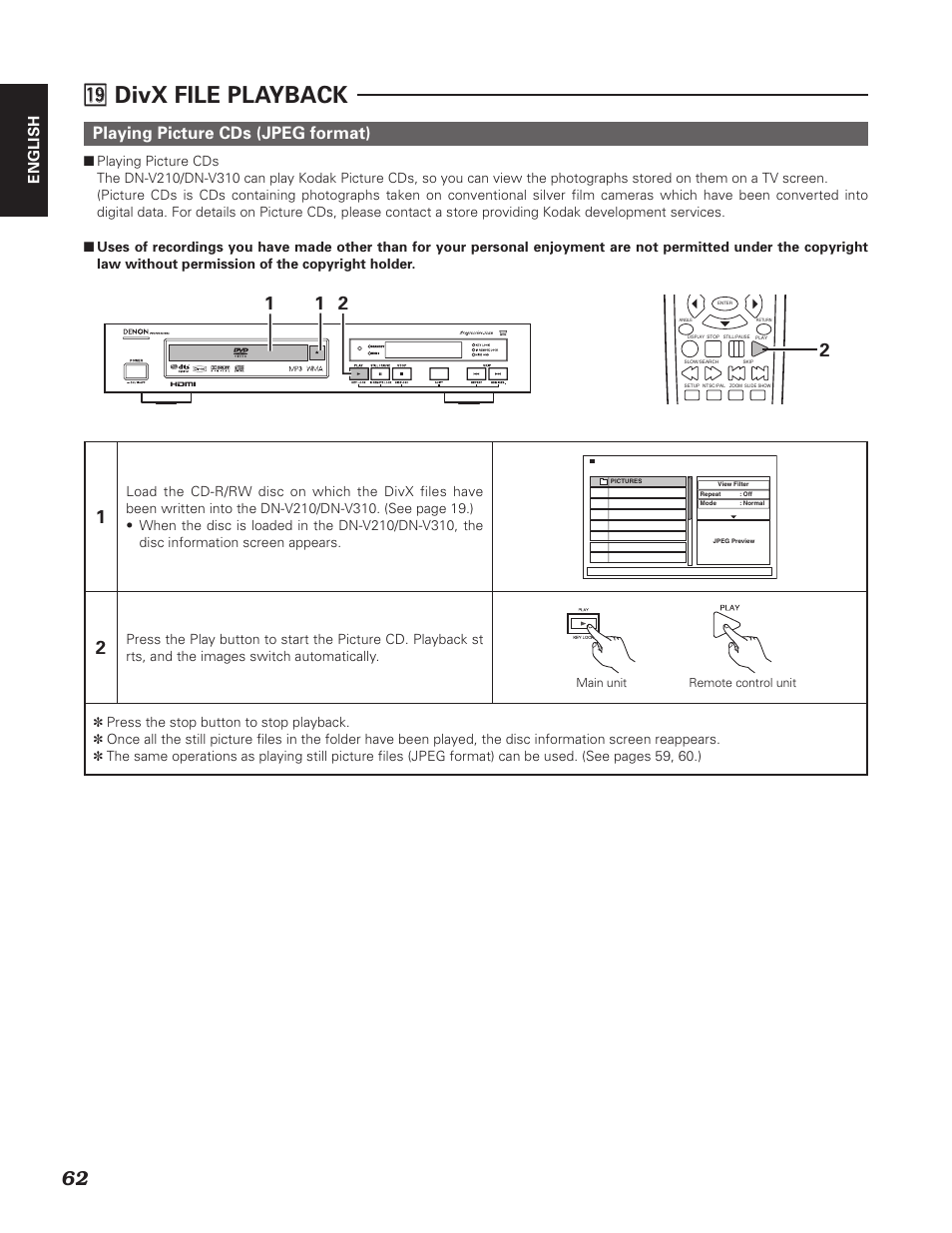 9 ⁄9 divx file playback, Playing picture cds (jpeg format), English | Denon DN-V310 User Manual | Page 69 / 83